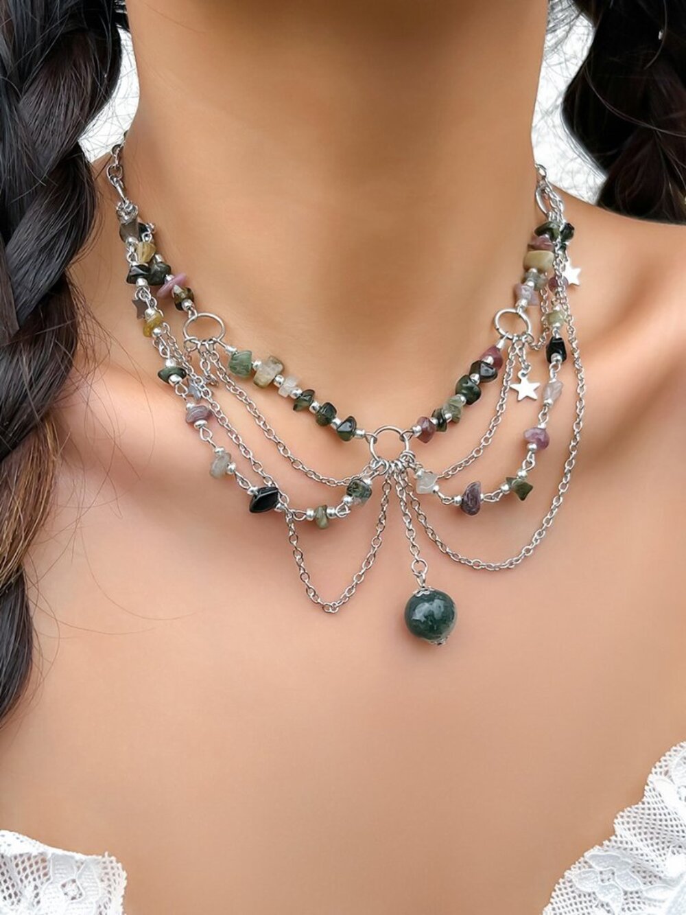 Boho Multi Strand Mixed Crystal Chip Stone Necklace Silver Star Dangling Green
